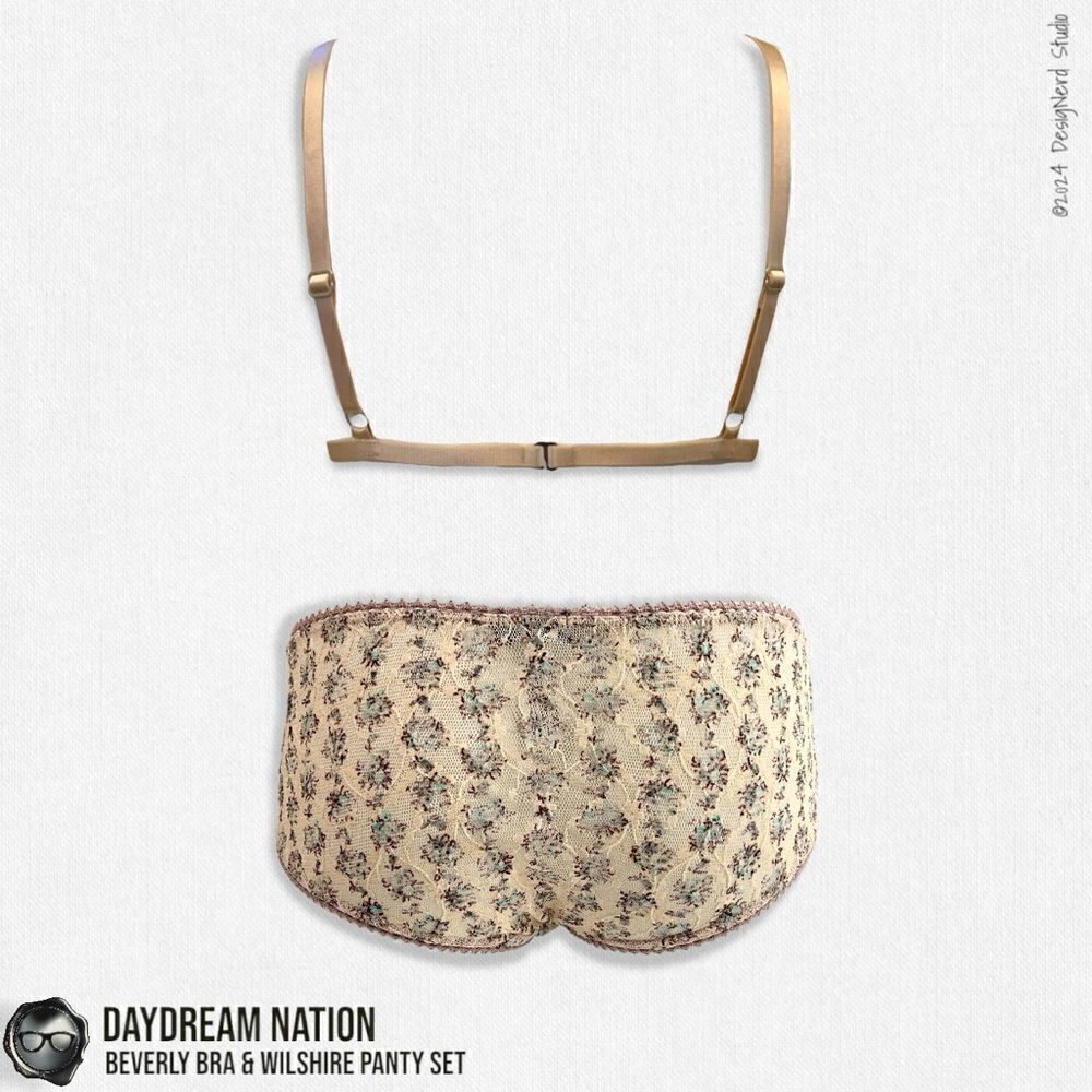 DAYDREAM NATION BEVERLY BRA & WILSHIRE PANTY SET IN TAN DAINTY FLORAL MESH LACE - Picture 4 of 14